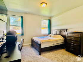 Primary Bedroom with light carpet and a desk
