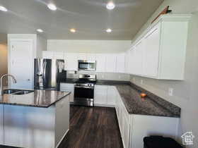 Kitchen with stainless steel appliances, dark stone counters, a center island with sink, white cabinetry, and dark wood-style floors