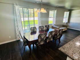 Dining area with baseboards and dark wood-type flooring
