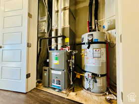 Utility room with secured water heater and heating unit
