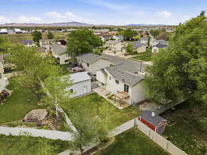 Aerial view of residential area with mountains