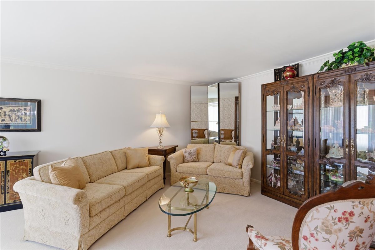 Living area with carpet floors and ornamental molding