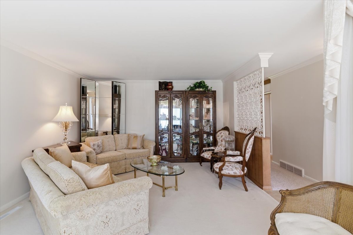 Living area with ornamental molding and light carpet