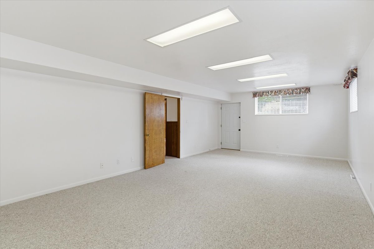 Basement featuring light carpet and baseboards