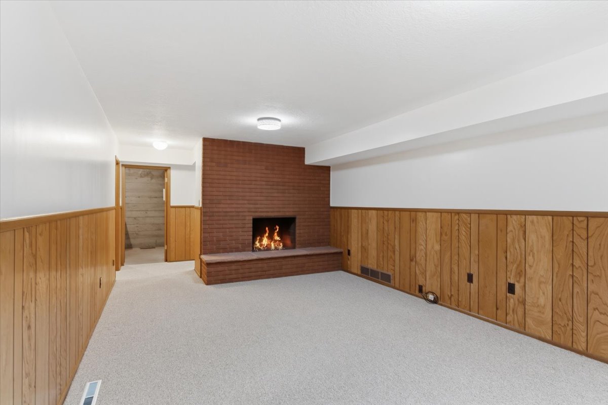 Finished basement featuring carpet floors, a brick fireplace, wainscoting, and wooden walls
