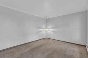 Carpeted spare room with ornamental molding and baseboards