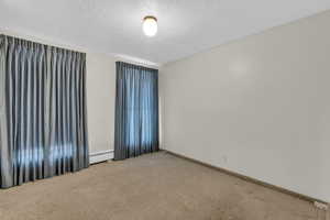Unfurnished room with a textured ceiling, light colored carpet, and a baseboard radiator
