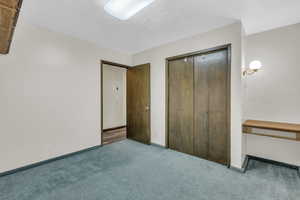 Unfurnished bedroom featuring carpet flooring, a closet, and a textured ceiling