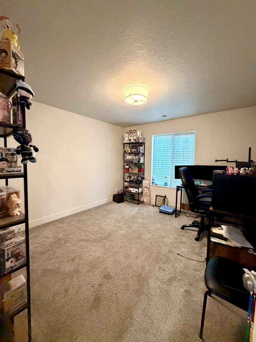 Carpeted room featuring a ceiling-mounted drum light fixture, white baseboards, and a window with horizontal blinds