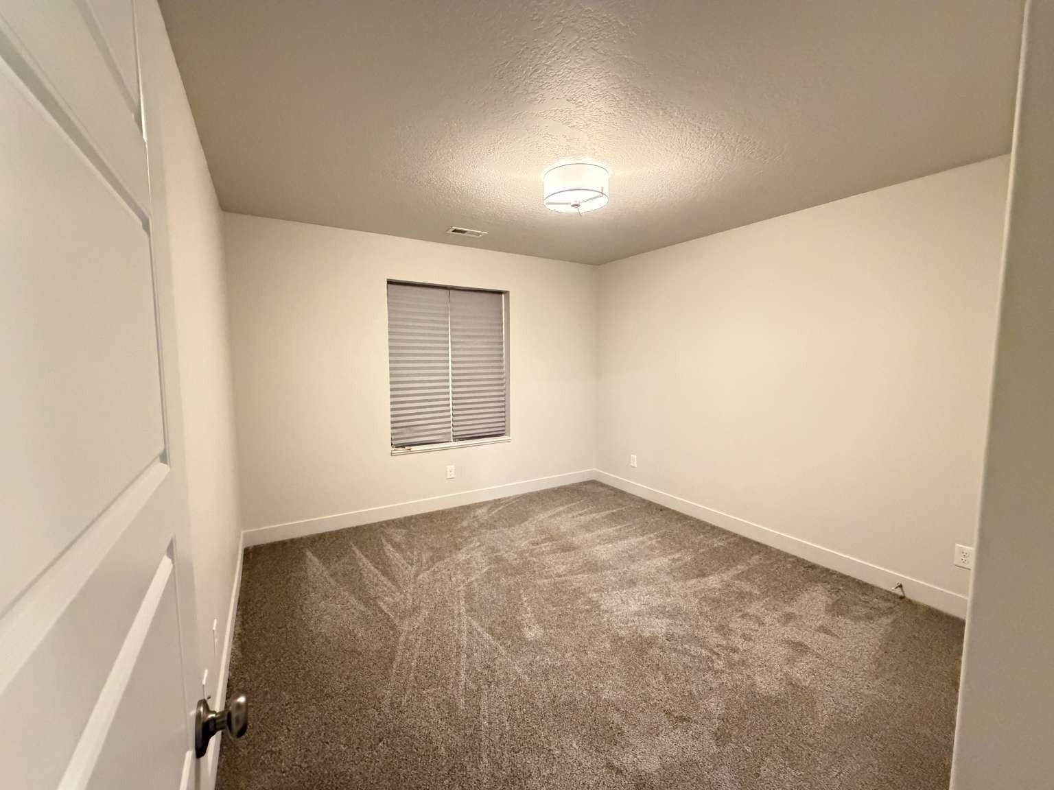Neutral-toned room featuring a single window with blinds, a drum-style ceiling light fixture, and plush carpet flooring