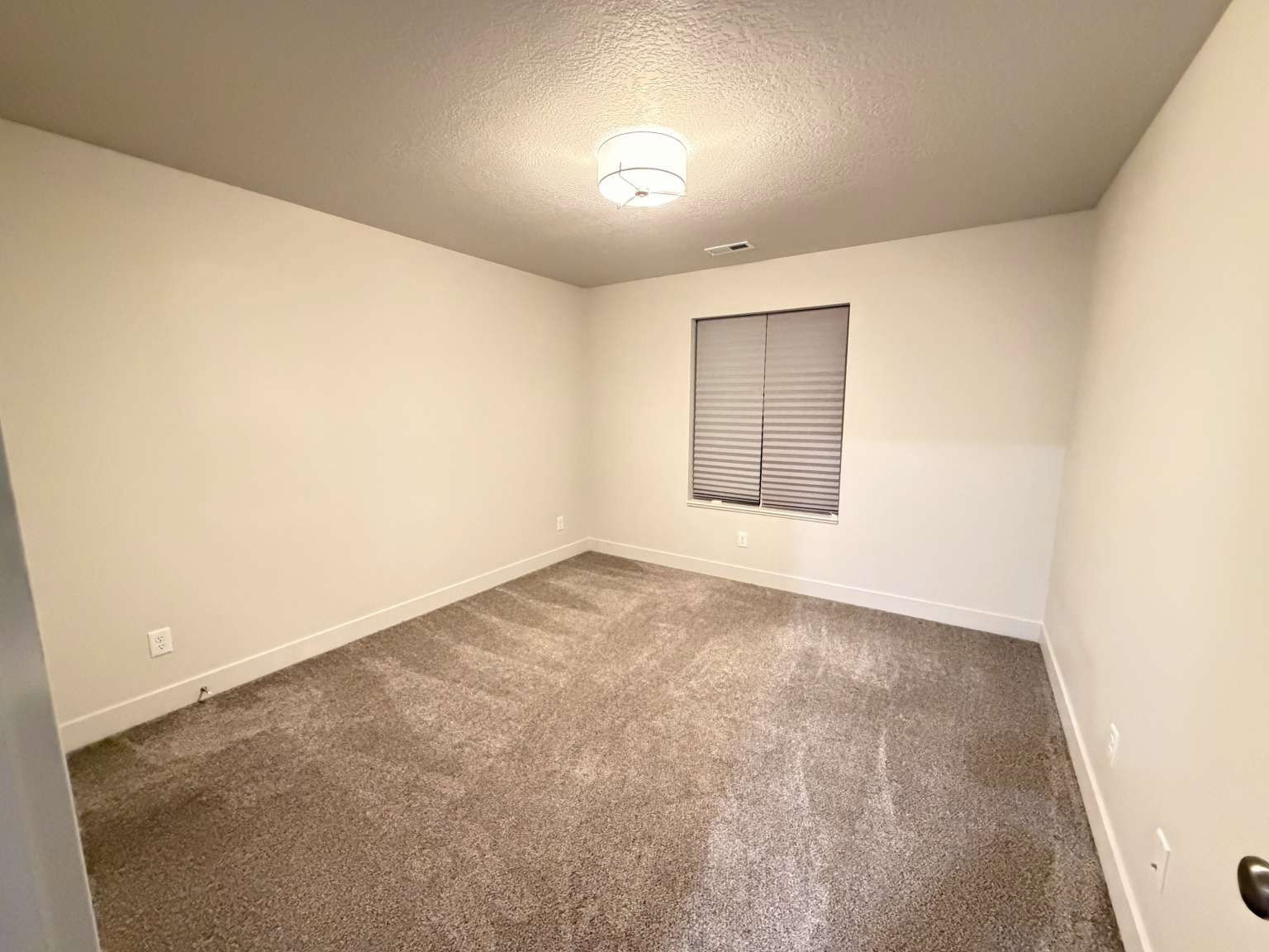 Neutral-toned wall paint and textured carpet create a versatile backdrop