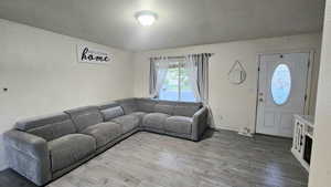 Living room featuring light wood finished floors and a textured ceiling