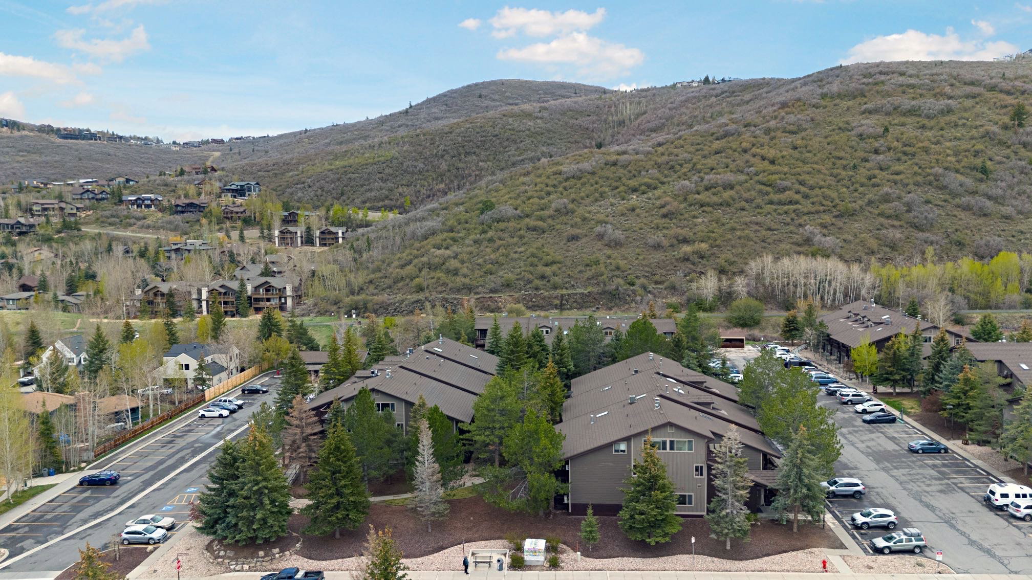 Aerial view of residential area featuring a mountain backdrop