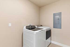 Laundry area featuring electric panel and washer and clothes dryer