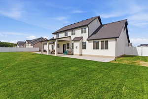 Back of house featuring a fenced backyard, a patio area, stucco siding, and a shingled roof