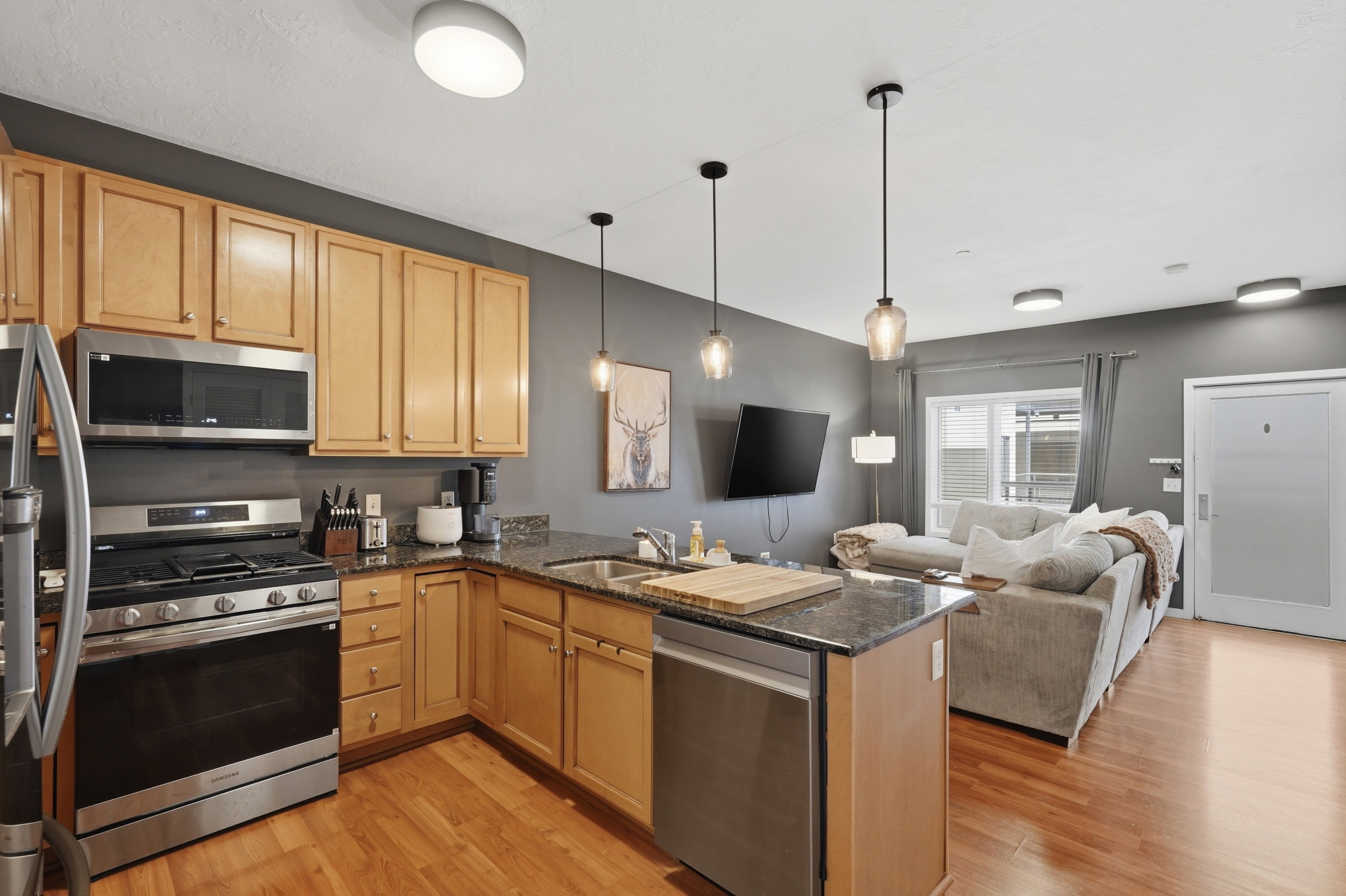 Kitchen with stainless steel appliances, a peninsula, dark stone countertops, open floor plan, and pendant lighting