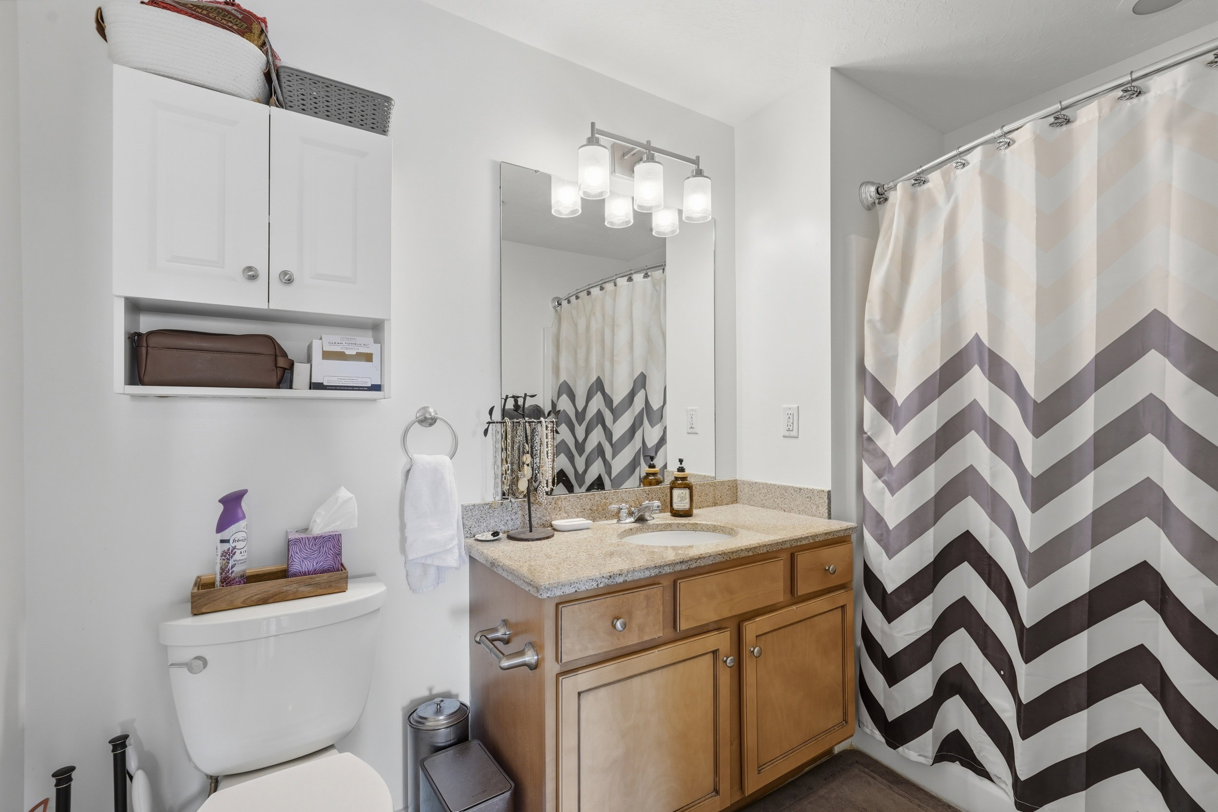 Full bathroom featuring vanity and a shower with curtain