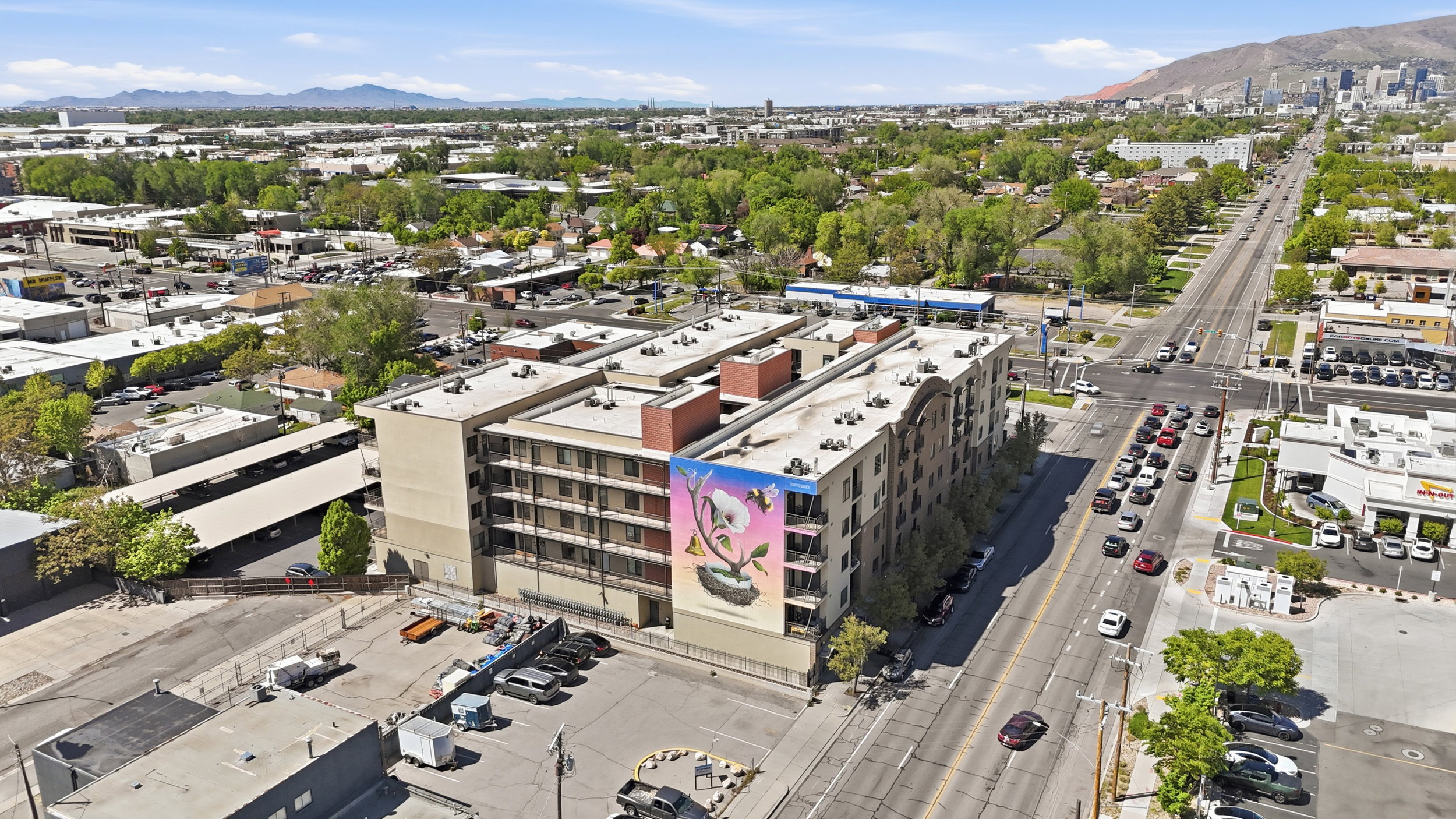 Aerial view of a mountain backdrop