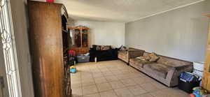Living area with light tile patterned flooring and a textured ceiling