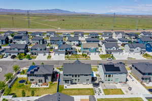 Aerial view of residential area with mountains