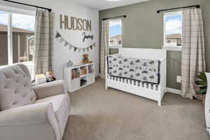 Carpeted bedroom featuring multiple windows