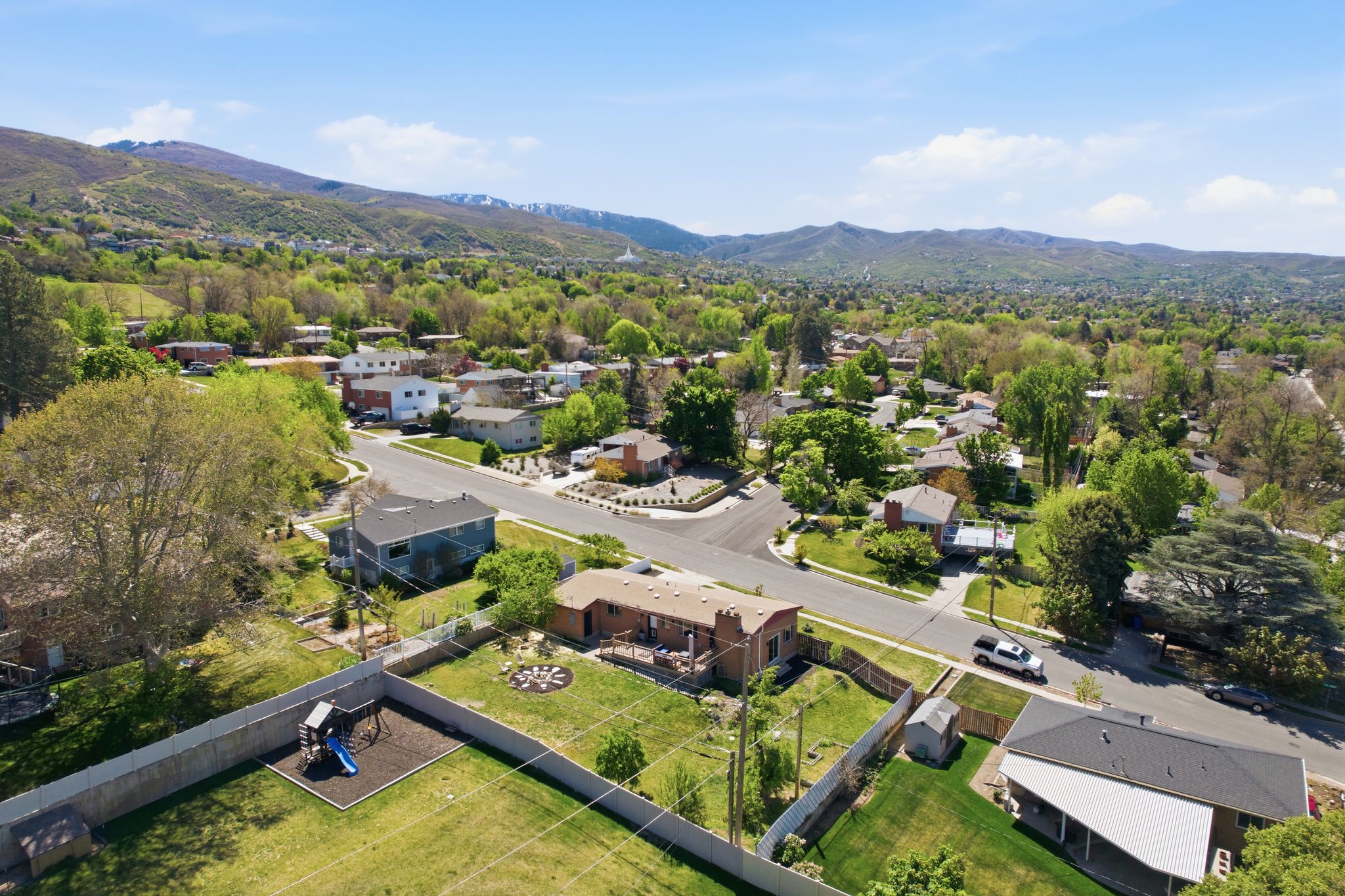 Aerial view of residential area with mountains