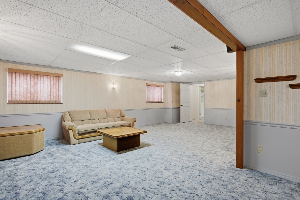 Living area with carpet floors, a drop ceiling, and healthy amount of natural light