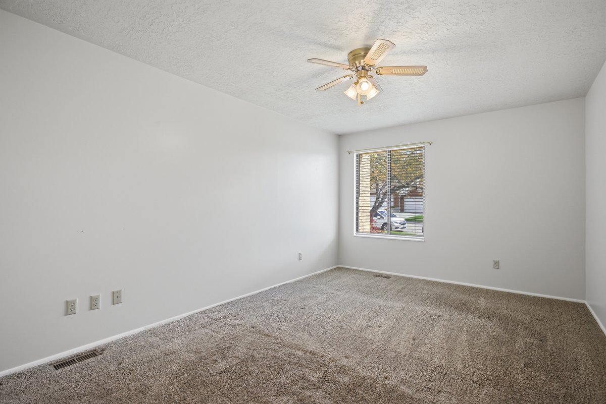 Empty room featuring carpet flooring, a ceiling fan, and a textured ceiling