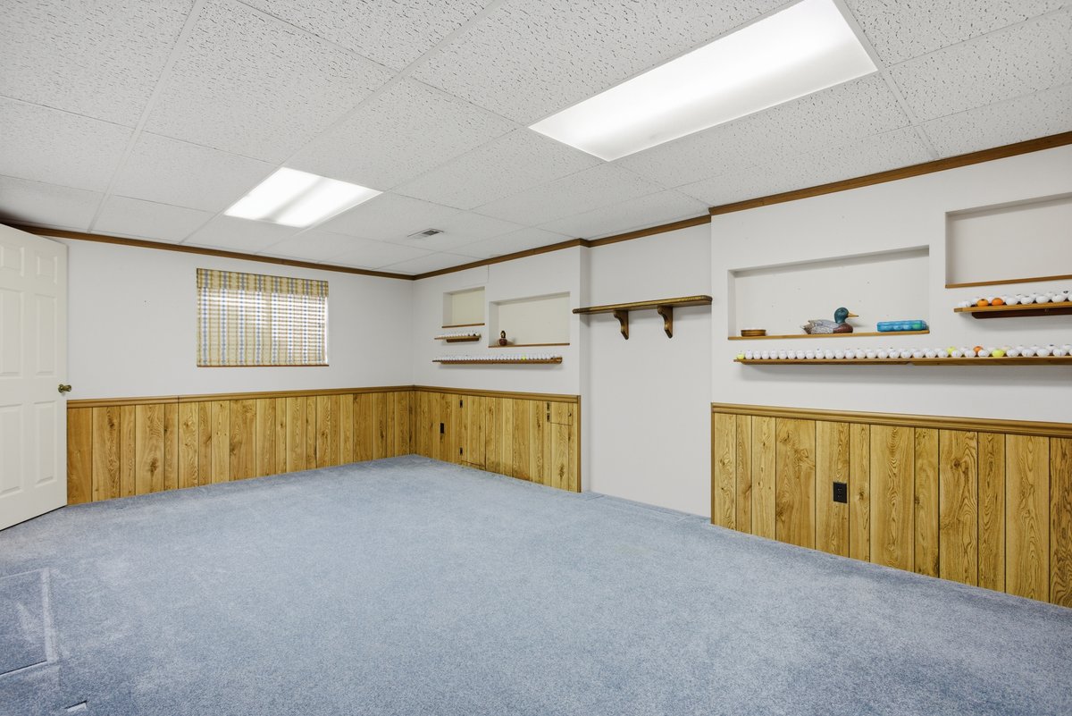 Finished basement with wood walls, carpet floors, ornamental molding, wainscoting, and a paneled ceiling