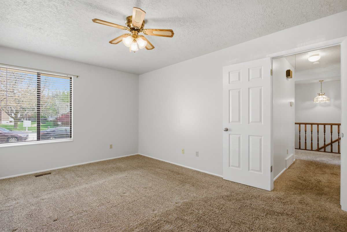 Empty room with carpet, a textured ceiling, and a ceiling fan