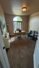 AI generated staging - Home office with carpet floors and a textured ceiling