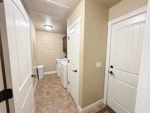 Laundry room with washer and clothes dryer and cabinet space