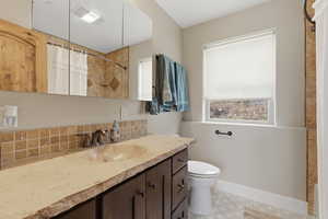 Bathroom with a shower with curtain and vanity