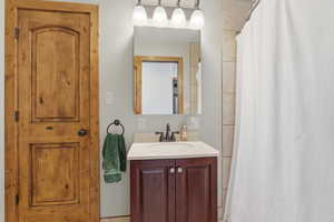Full bathroom featuring curtained shower and vanity
