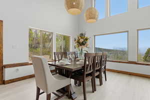 Dining area featuring light wood-style floors and a high ceiling
