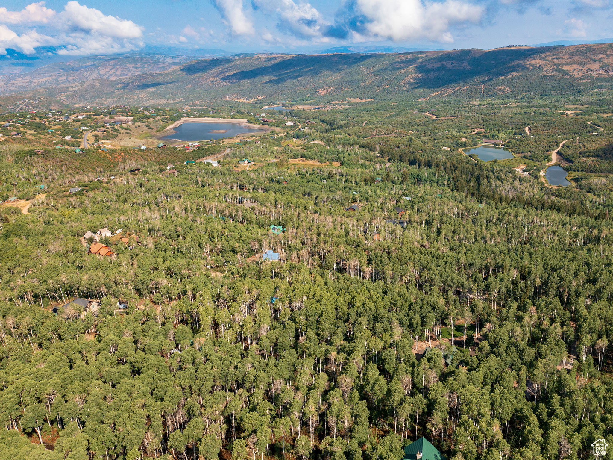 Aerial view of a water and mountain view and a heavily wooded area