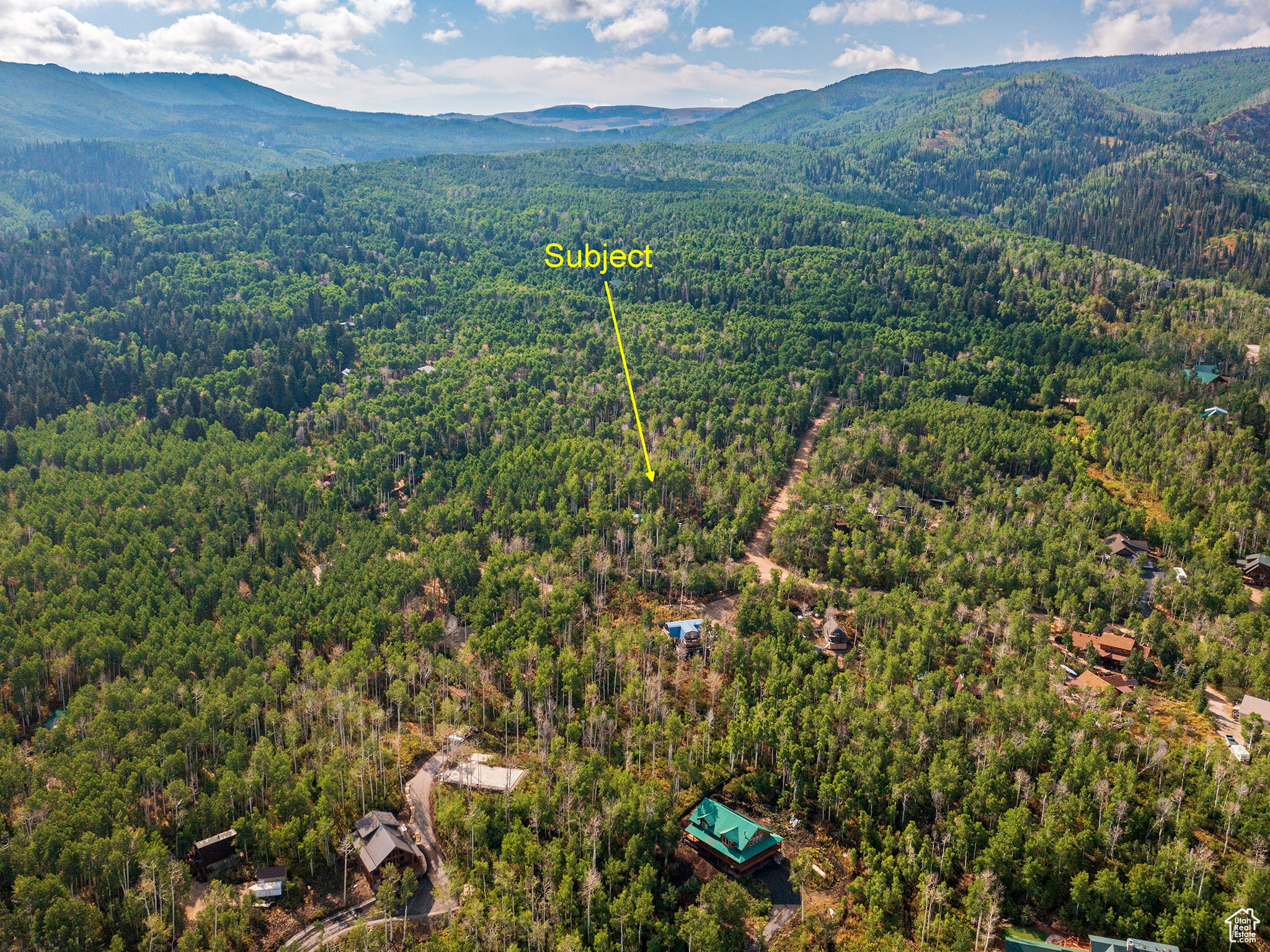 Drone / aerial view of mountains and a heavily wooded area