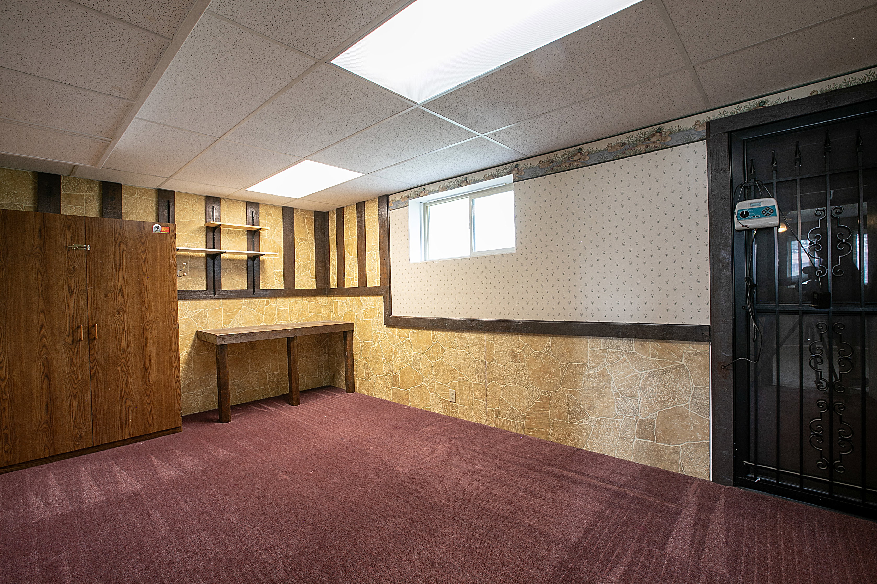Below grade area with wallpapered walls, a paneled ceiling, carpet floors, and a wainscoted wall