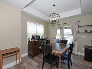 Dining area featuring a raised ceiling, wood finished floors, and hanging lights