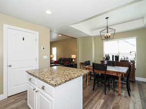 Kitchen featuring white cabinetry, light stone counters, a raised ceiling, dark wood finished floors, and a center island