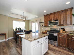 Kitchen with two tone color scheme, stainless steel appliances, dark wood-style floors, light stone countertops, and a tray ceiling