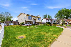 Raised ranch featuring a residential view and a chimney