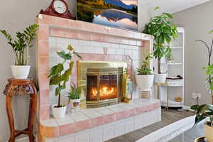 Detailed view of a fireplace and wood finished floors
