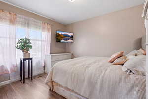 Bedroom featuring wood finished floors and baseboards
