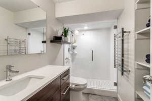 Full bath featuring a towel warming rack, vanity, a stall shower, and radiator