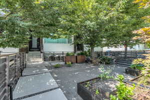 View of patio featuring a fenced front yard and a gate