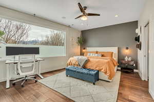 Master Bedroom with wood finished floors, recessed lighting, an office area, and ceiling fan