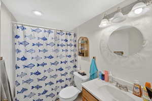 Full bath with vanity and a shower with curtain
