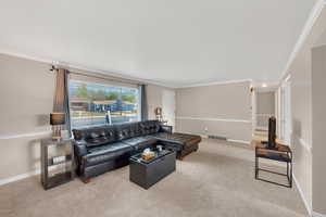 Living area featuring crown molding and light colored carpet