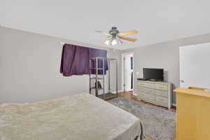Bedroom with wood finished floors and ceiling fan